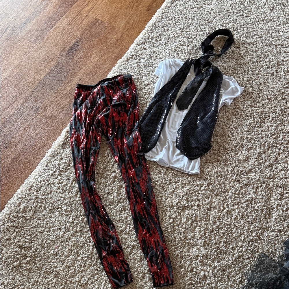 Art Stone Dance costume shirt black sequins vest tie red leggings Adult Small